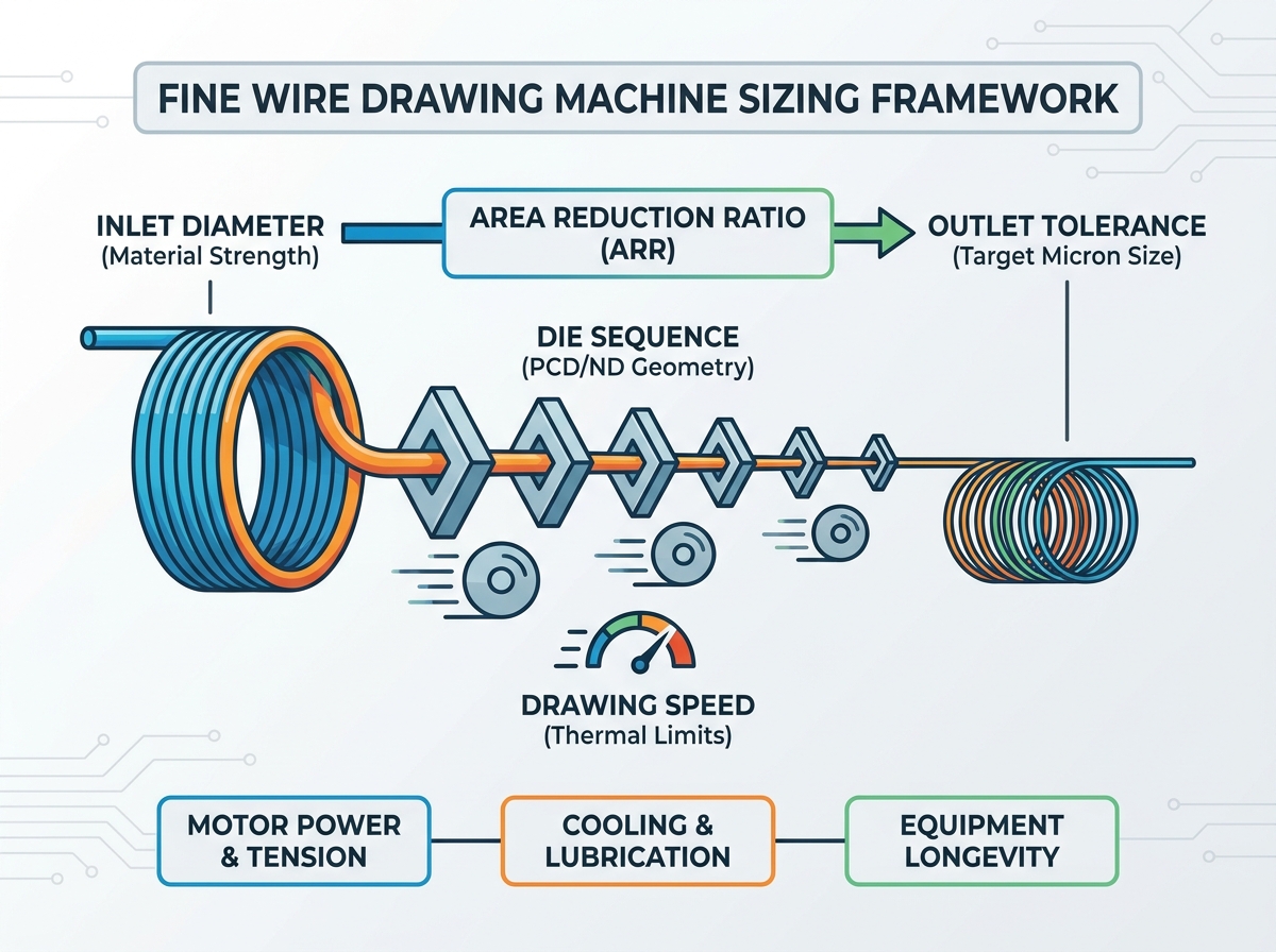 Fine wire drawing machine sizing and die configuration